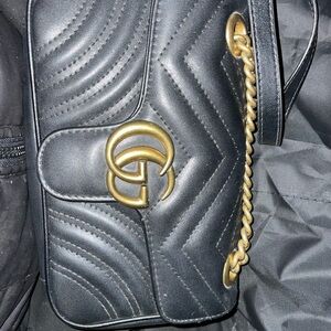 Gucci Black Chevron Crossbody Bag with Gold Chain